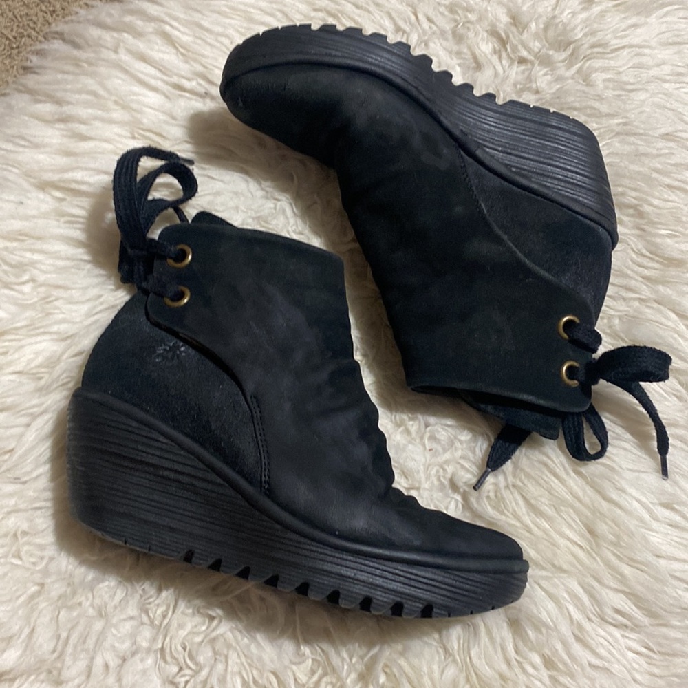 Fly London Black Suede Yama Booties Size 39 US 8-8.5
